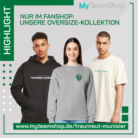 Drei Personen tragen Oversize-T-Shirts aus der MyTeamShop-Kollektion.